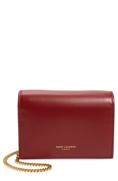 Saint Laurent Leather Card Case On A Chain In Rouge Opium