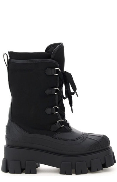 Prada Monolith Leather And Recycled Shell Boots In Black