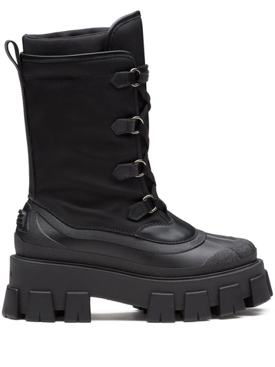 Prada Monolith Leather And Recycled Shell Boots In Black