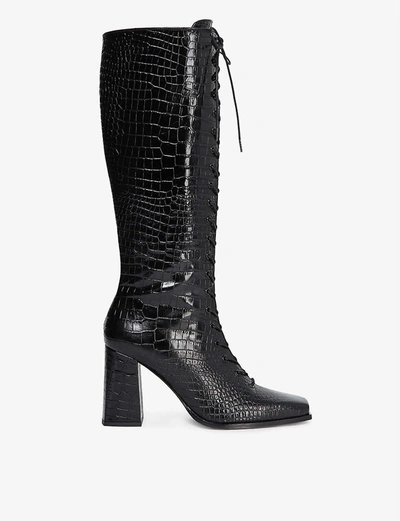 The Kooples Lace-up Croc-effect Leather Boots In Bla01