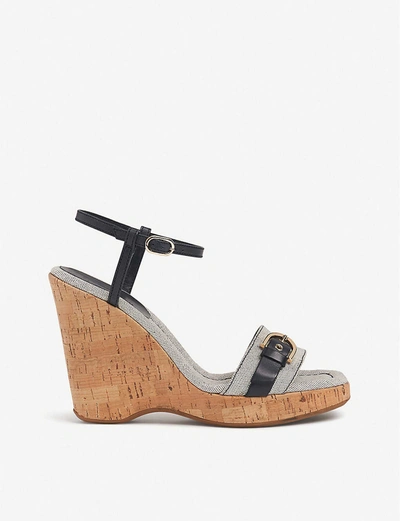 Lk Bennett Sky Leather, Canvas And Cork Wedge Sandals In Blu-navy