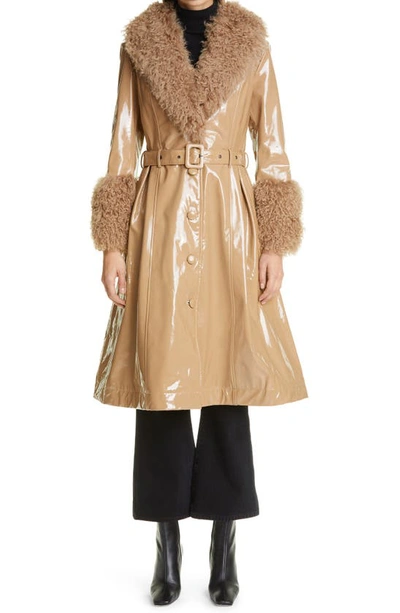 Saks Potts Foxy Genuine Shearling Trim Patent Leather Coat In Beige Gloss