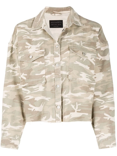 Allsaints Womens Camouflage Cre Sol Oversized Camouflage-print Denim Jacket 8 In Green