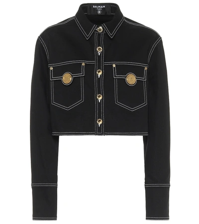 Balmain Button-embellished Cropped Stretch-denim Jacket In Black