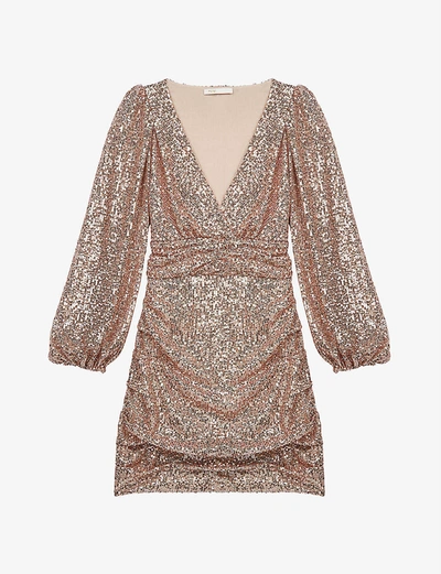 Maje Long-sleeve Sequinned Mini Dress In Metal Pink