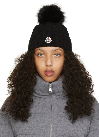 Moncler Wool Rib Beanie With Faux Fur Pompom In Black