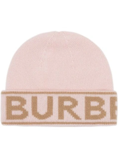 Burberry Pink Logo Intarsia Cashmere Beanie Hat