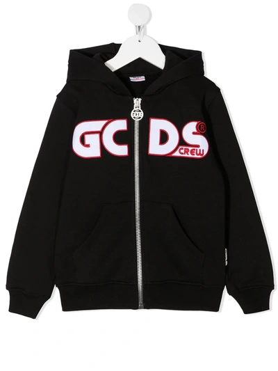 Gcds Kids' Zip-through Hooded Logo Sweatshirt In Black