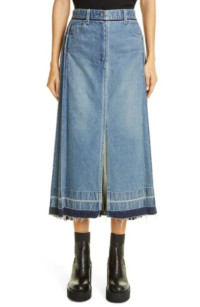 Sacai Split Pleated Denim Skirt In Light Blue/ Navy | ModeSens