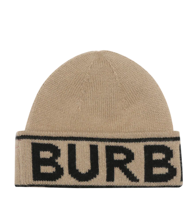 Burberry Logo Intarsia Cashmere Knit Beanie Hat In Beige