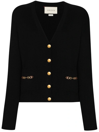 Gucci Horsebit-detailed Leather-trimmed Cashmere Cardigan In Black
