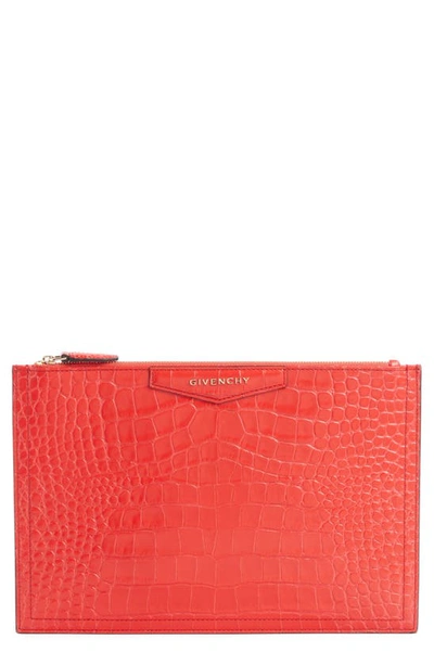 Givenchy Medium Antigona Croc Embossed Leather Pouch In Red