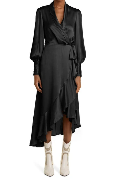 Zimmermann Flounced Silk-satin Wrap Dress In Black