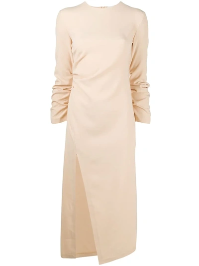 A.w.a.k.e. Ruched Side-slit Dress In Neutrals