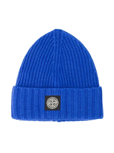 Stone Island Junior Kids' Ribbed-knit Logo Patch Beanie In Blue
