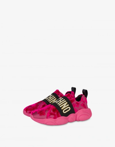Moschino Slip On Teddy Shoes In Brocade Fabric In Fuchsia