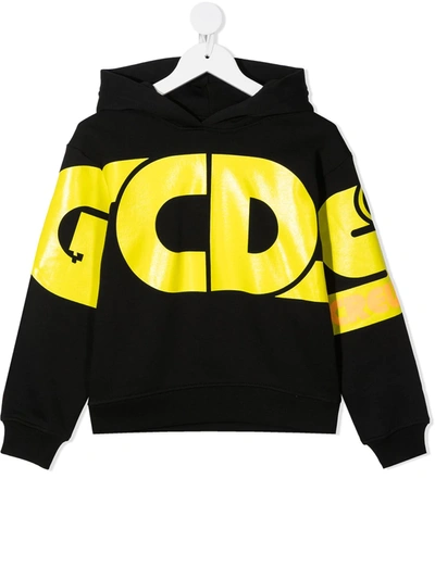 Gcds Kids' Logo Print Cotton Sweatshirt Hoodie In Black