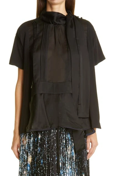Sacai Pintuck Satin & Cotton Blouse In Black | ModeSens