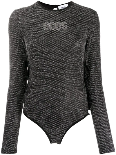 Gcds Laces And Logo Metallic Nylon Bodysuit In Black
