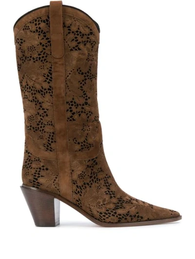 Casadei Floral Lace Texas Boots In Brown