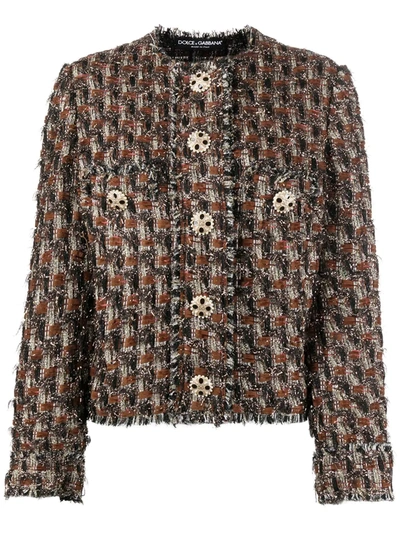 Dolce & Gabbana Frayed Tweed Buttoned Jacket In Brown
