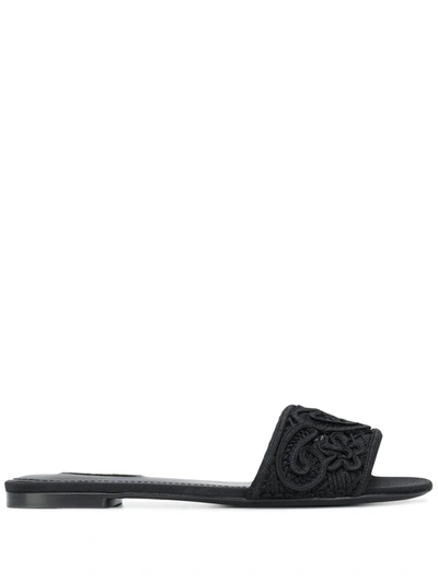 Dolce & Gabbana Heart Embroidery Slide Sandals In Black
