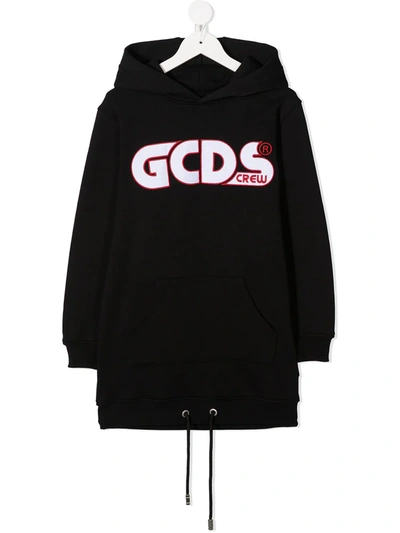 Gcds Kids' Long-length Logo Print Hoodie In Black