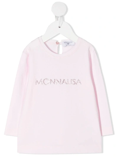 Monnalisa Babies' Rhinestone Logo Long-sleeved T-shirt In Pink