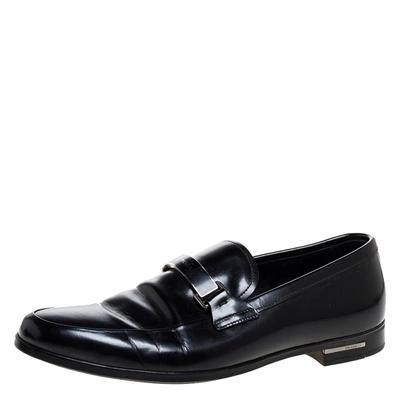 Pre-owned Prada Black Leather Plate Bit Logo Loafers Size 40