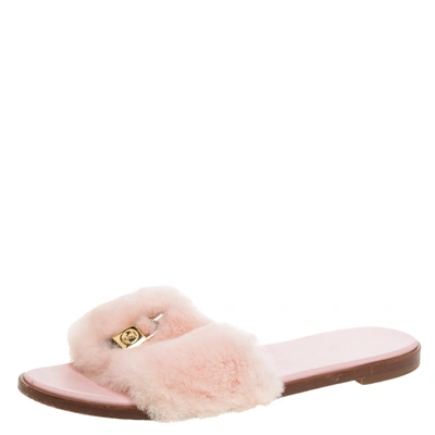 Pre-owned Louis Vuitton Pink Mink Fur Lock It Flat Slides Size 38.5