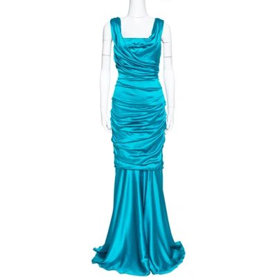 Pre-owned Dolce & Gabbana Turquoise Blue Silk Satin Ruched Maxi Dress L