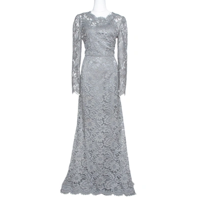 Pre-owned Dolce & Gabbana Grey Floral Corded Lace Maxi Dress L