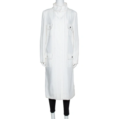 Pre-owned Dolce & Gabbana Ivory Fringed Button Front Mid Length Coat M In White