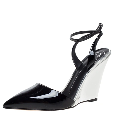 Pre-owned Giuseppe Zanotti Black/silver Patent Leather Yvette Wedge Pointed Toe Pumps Size 38