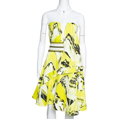 Pre-owned Kenzo Yellow Textured Cotton Mountain Print Sleeveless Collared Dress L
