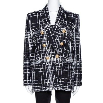 Pre-owned Balmain Monochrome Tweed Double Breasted Blazer M In Black