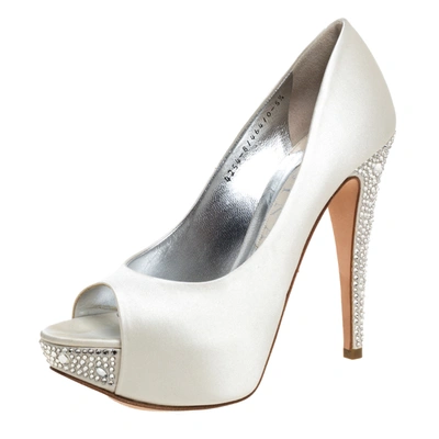 Pre-owned Gina White Satin Jenna Crystal Embellished Heel Peep Toe Platform Pumps Size 38.5