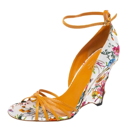 Pre-owned Gucci Multicolor Floral Print Satin And Lizard Bamboo Wedge Sandals Size 37.5