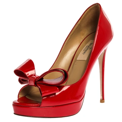 Pre-owned Valentino Garavani Red Patent Leather Couture Bow Peep Toe Platform Pumps Size 37