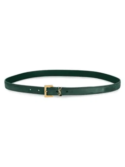 Saint Laurent Logo Skinny Suede Belt In Deep Green