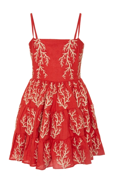 Agua By Agua Bendita Arrecife Lima Embroidered Linen Mini Dress In Red