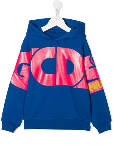 Gcds Teen Logo Print Cotton Hoodie In Blue