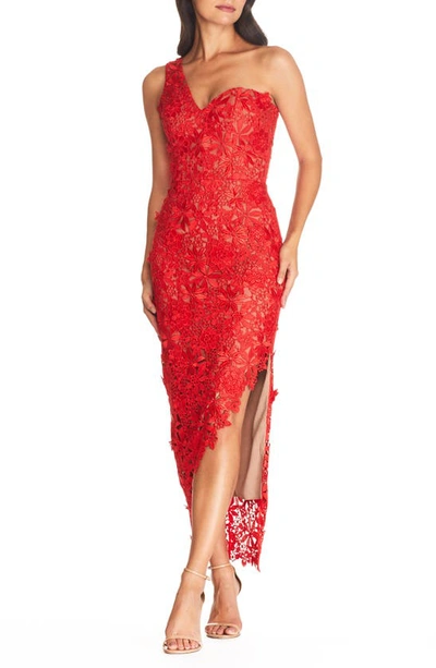 Dress The Population Magnolia One Shoulder Lace Bodycon Gown In Rouge