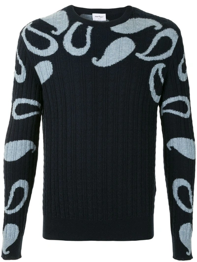 Ferragamo Round Neck Sweater With Jacquard Paisley In Blue