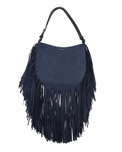 Tory Burch Suede Fringe Hobo Bag, Tory Navy, French Grey | ModeSens
