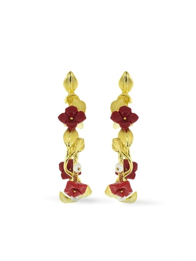 Of Rare Origin 18kt Yellow Gold Mini Flower Whirl Hoop Earrings In Red