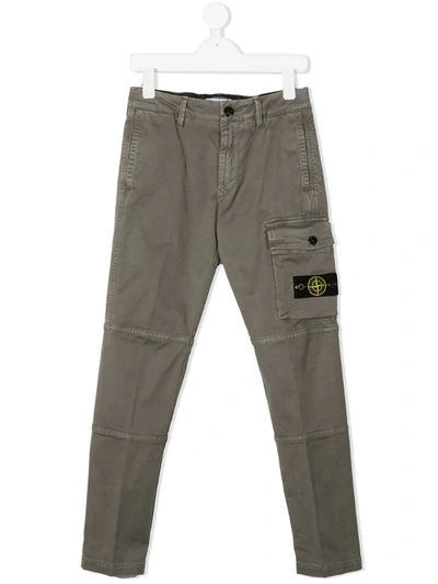 Stone Island Kids' Logo Patch Trousers In Grey In Green