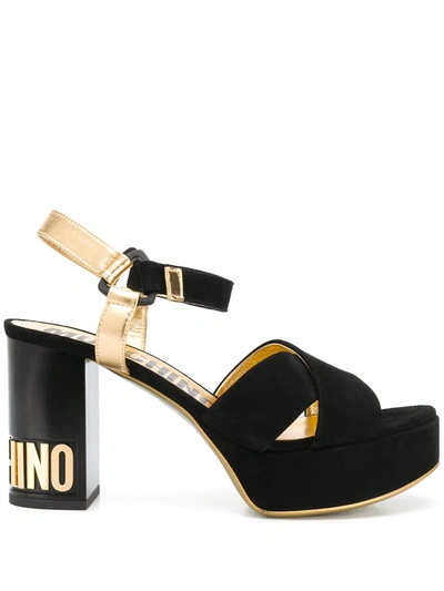 Moschino Branded Heel Sandals In Black And Gold