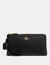 Coach Double Zip Wallet In Polished Pebble Leather In Gold/black