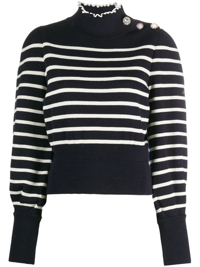 The Marc Jacobs Armor-lux Embellished Striped Wool Turtleneck Jumper In Blue